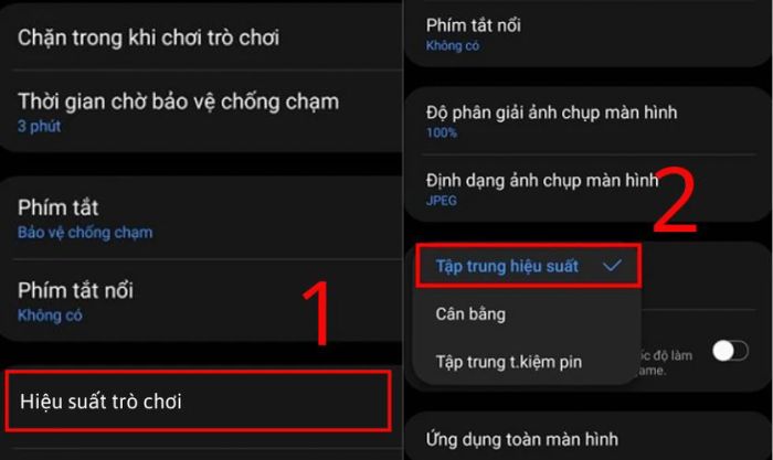 Vào mục Hiệu suất trò chơi và bật tính năng Tập trung hiệu suất
