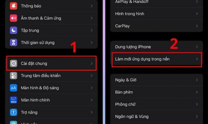Chọn Cài đặt chung và nhấn Làm mới ứng dụng trong nền