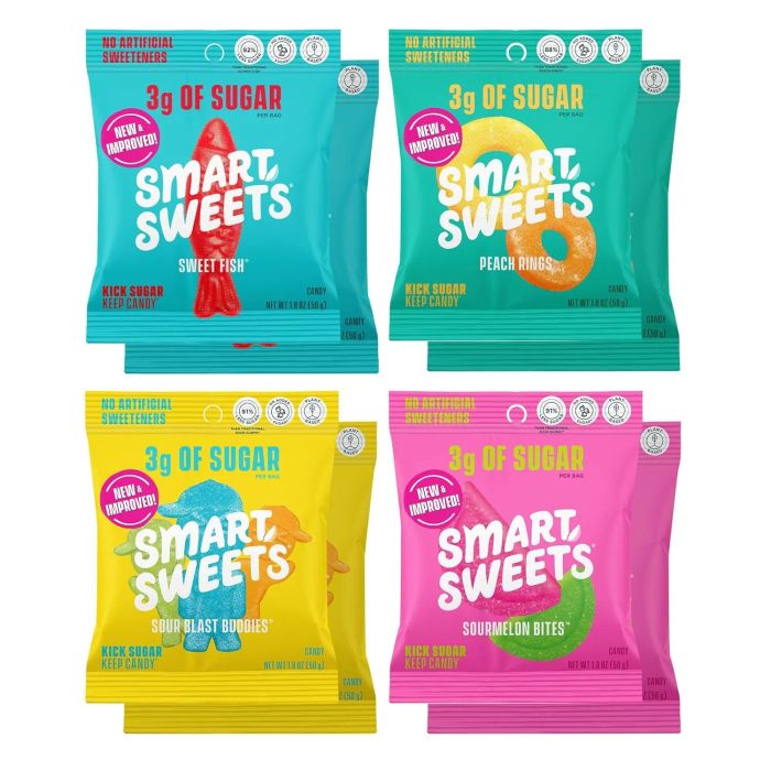 Four packs of SmartSweets candy: Sweetfish, Peach Rings, Sour Blast Buddies, and Sourmelon Bites, each containing only 3g of sugar and no artificial sweeteners.