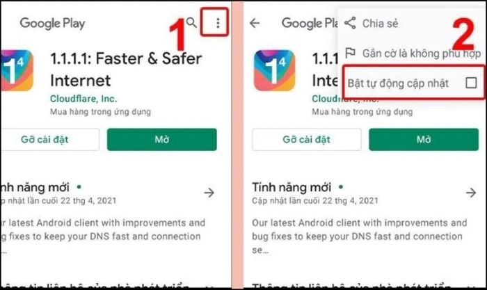 Chạm vào biểu tượng ba chấm ở góc trên bên phải, rồi chọn Tắt cập nhật tự động