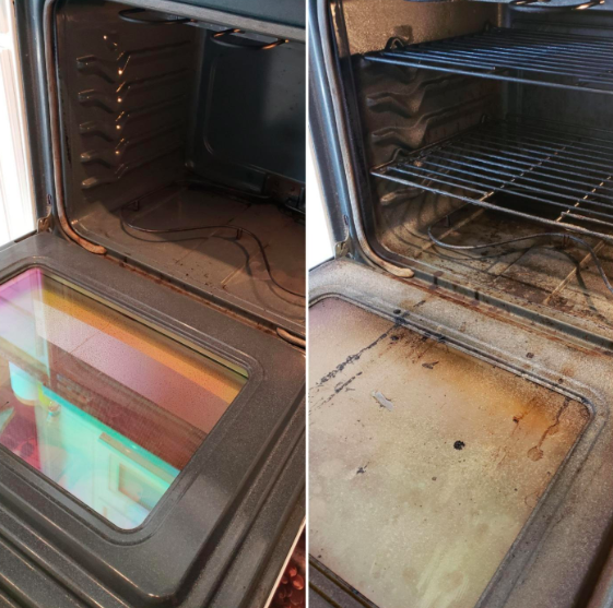 An oven shown before and after using the cleaner
