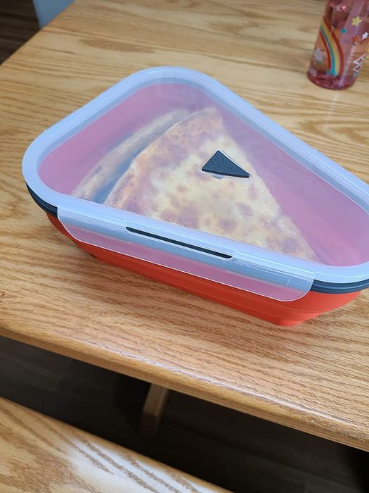 A reviewer’s photo of the pizza container with the lid securely in place.