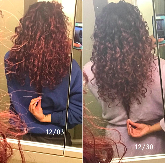 A customer review photo showing the growth of their hair after using the shampoo brush