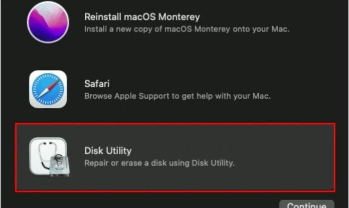 Chọn Disk Utility để kiểm tra và sửa chữa lỗi ổ cứng