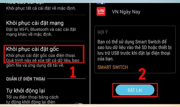 Chọn Khôi phục cài đặt gốc và nhấn Đặt lại để xác nhận và bắt đầu quá trình