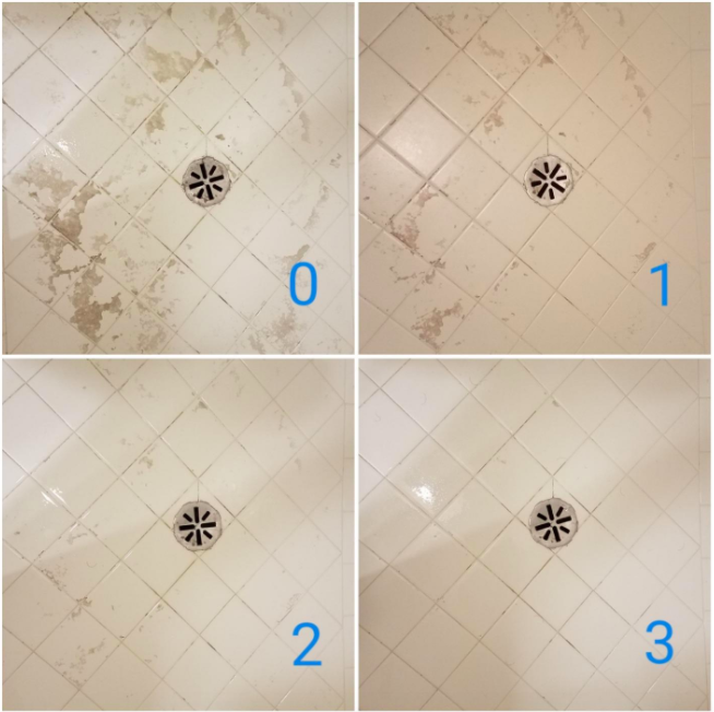 A set of customer review photos showing the progress of their shower tile floors before and after one, two, and three uses of the cleaner