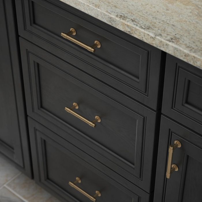The stylish drawer pulls on various kitchen cabinets and drawers.