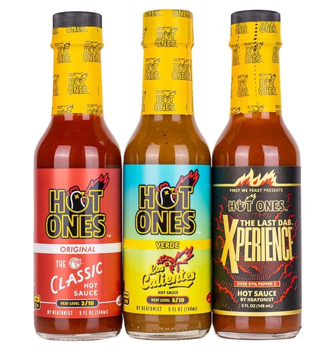 three bottles of hot sauce: 