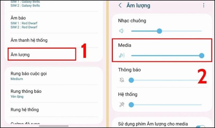 Chọn mục Âm lượng và điều chỉnh âm thanh tại mục Media
