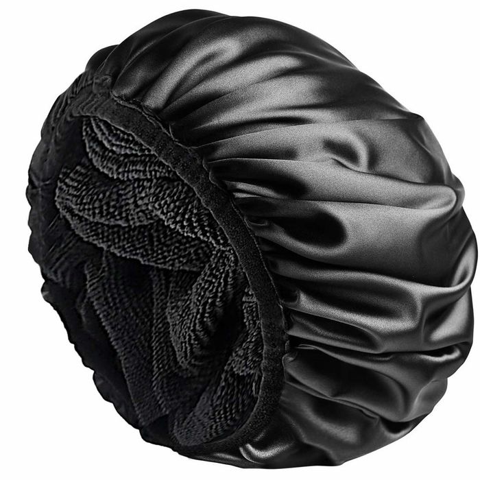 A close-up of the shower cap, showing off its soft microfiber inner lining.