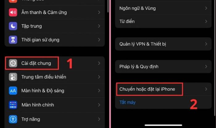 Nhấn vào mục Chuyển hoặc đặt lại iPhone trong phần Cài đặt chung