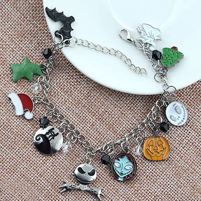 A charm bracelet adorned with various Nightmare Before Christmas charms