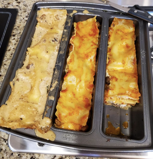 A divided lasagna pan showcasing three different varieties: white sauce, classic meat sauce, and a combination of both. Some portions are missing from each section.