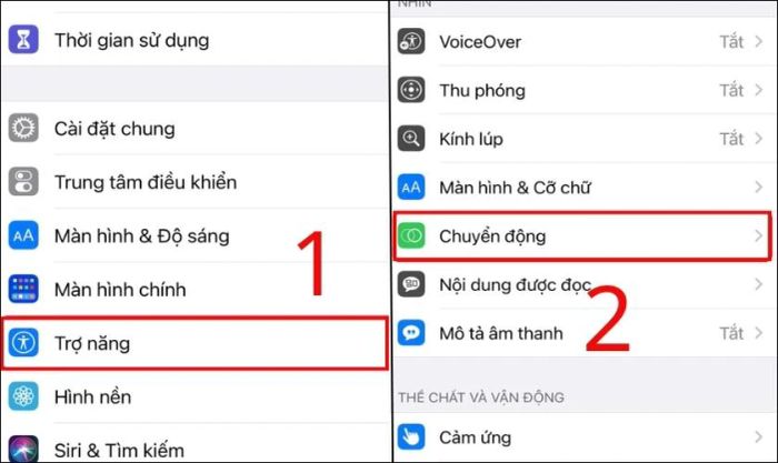 Mở Cài đặt, chọn Trợ năng và nhấn vào Chuyển động