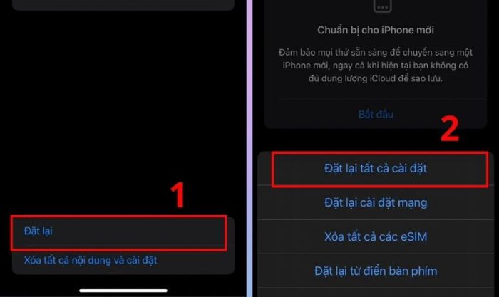 Chọn Đặt lại và nhấn Đặt lại tất cả cài đặt để tiếp tục