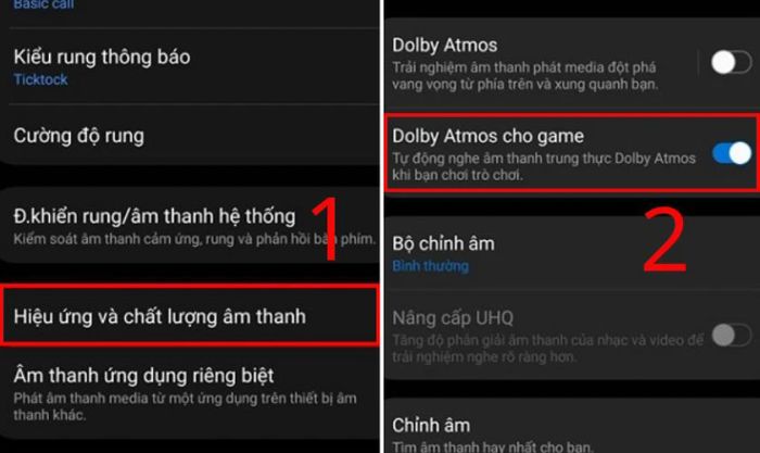 Chọn mục Hiệu ứng và chất lượng âm thanh, sau đó bật công tắc bên cạnh mục Dolby Atmos cho game