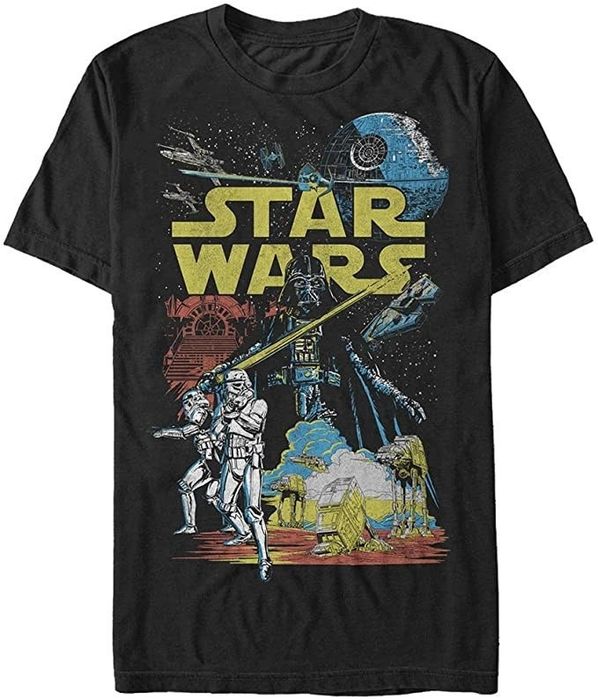 a vintage Star Wars scene and logo on a black t-shirt