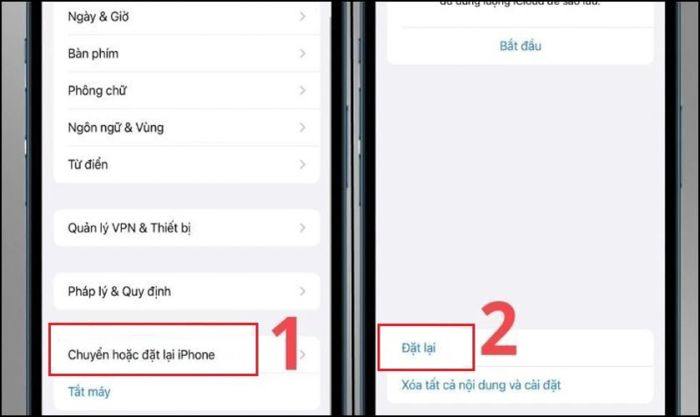 Chọn mục Chuyển hoặc đặt lại iPhone rồi chọn Đặt lại