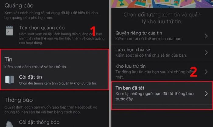 Trong mục Tin, bạn chọn Cài đặt tin, tiếp theo chọn Tin bạn đã tắt