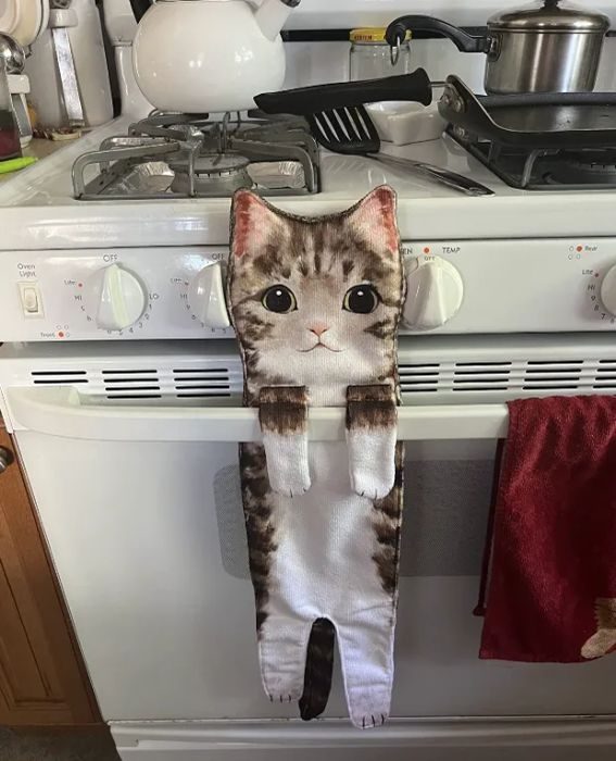 Reviewer's towel with fabric paws draped over the oven handle