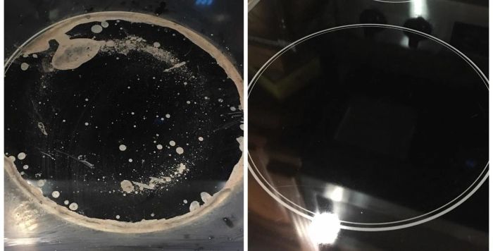 A before-and-after image showing a stovetop covered in grime and then sparkling clean.