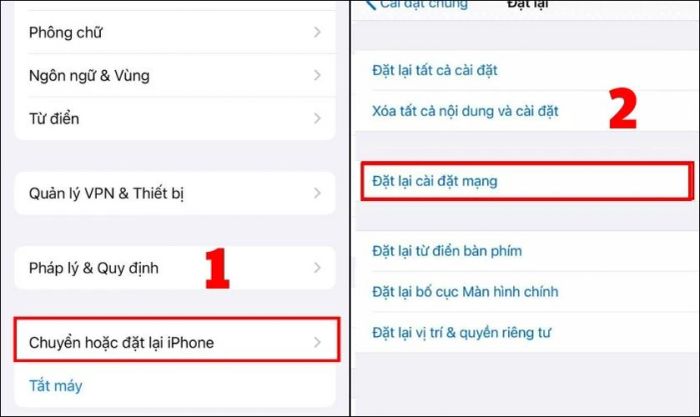 Chọn mục Chuyển hoặc đặt lại iPhone rồi nhấn Đặt lại Cài đặt mạng