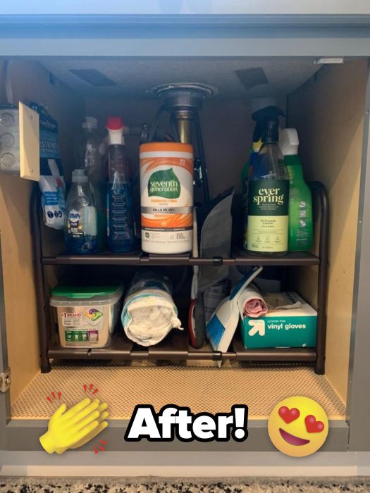 The same reviewer’s neatly organized cabinet after using the shelf.