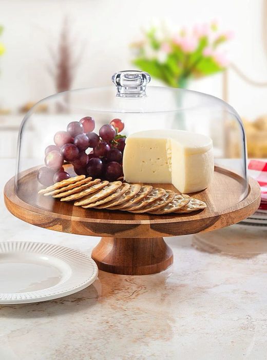 Cake stand displaying an array of charcuterie