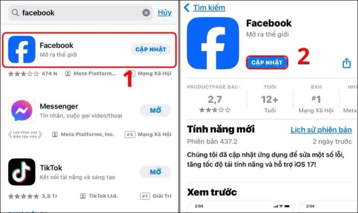 Cập nhật ứng dụng khi gặp lỗi không xem được story trên Facebook.
