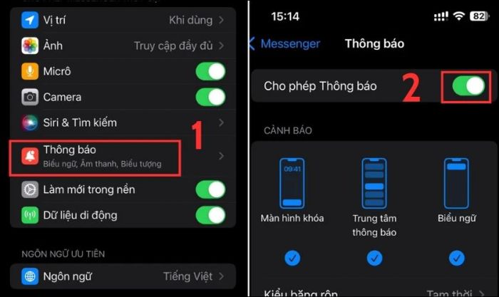 Nhấn vào nút gạt bên cạnh mục Cho phép thông báo để bật thông báo cho Messenger