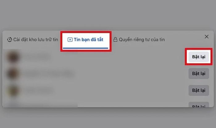 Nhấn Bật lại bên cạnh tên của người mà bạn đã vô hiệu hóa tính năng xem story.