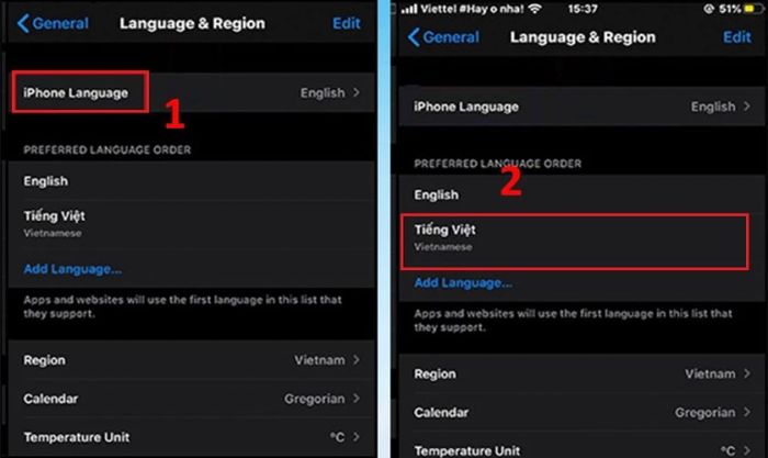 Tại mục iPhone Language, tìm và chọn Tiếng Việt