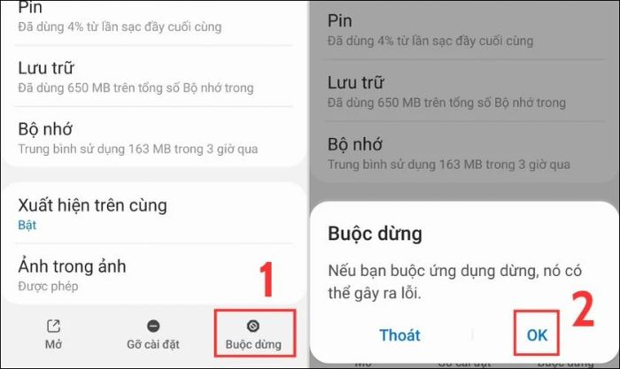 Tại đây, bạn chọn mục Buộc dừng và nhấn OK để xác nhận đồng ý.