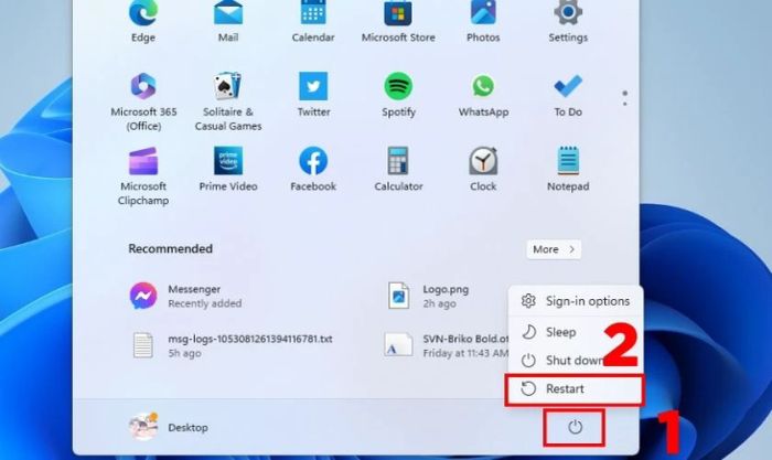 Nhấn phím Windows trên bàn phím, chọn nút nguồn và bấm vào Restart