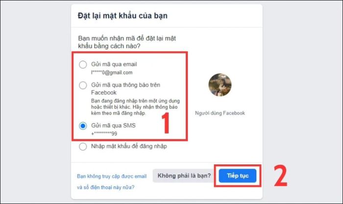 Chọn phương thức yêu cầu gửi lại mã xác minh, bao gồm qua email, thông báo Facebook hoặc số điện thoại.