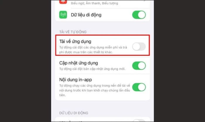 Tìm mục Tải về ứng dụng và chuyển công tắc sang trái để vô hiệu hóa tính năng này