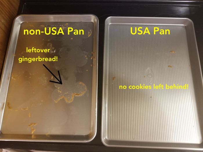 The same reviewer showing that the non-USA pan left cookies stuck, while the USA pan only left crumbs.