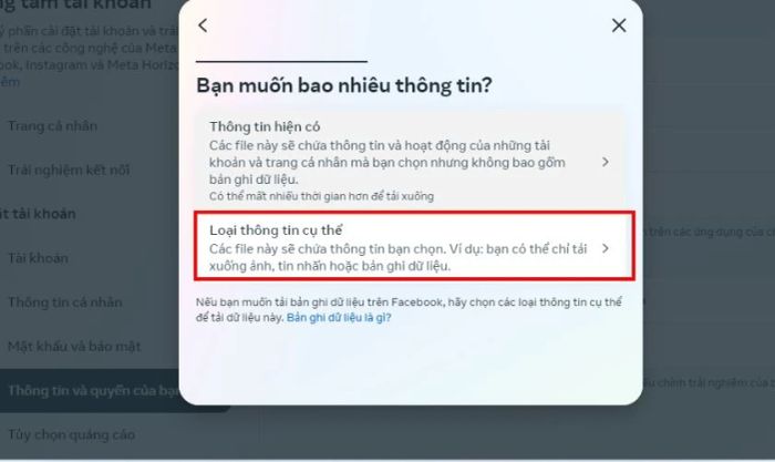 Chọn Loại thông tin cụ thể