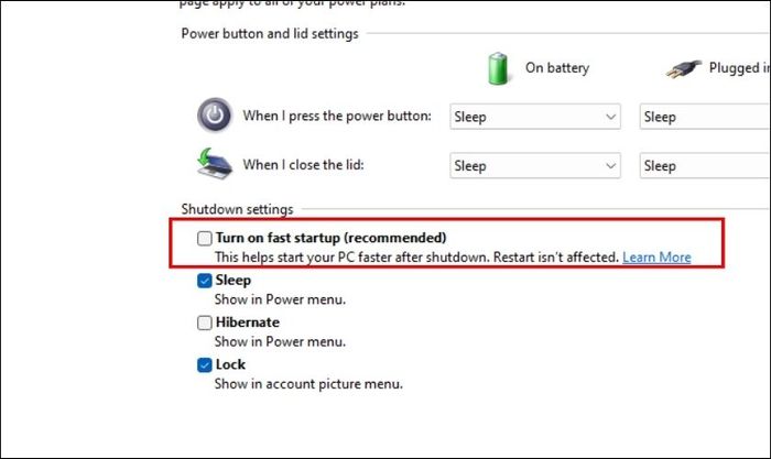 Hủy chọn tại Turn on fast startup