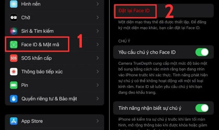 Mở ứng dụng Cài đặt, chọn Face ID & Mật mã và nhấp vào mục Đặt lại Face ID