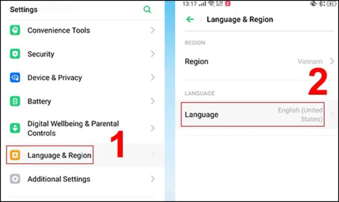 Tìm mục Language & Region, chọn Language