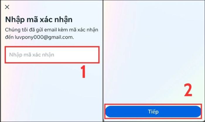 Bạn nhập mã xác nhận mà Facebook đã gửi vào email bạn vừa thêm và nhấn Tiếp
