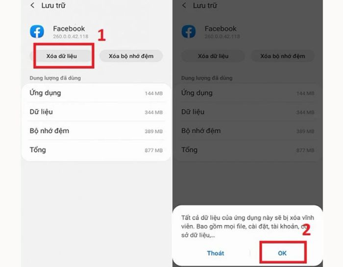 Xóa dữ liệu → chọn OK để hoàn tất