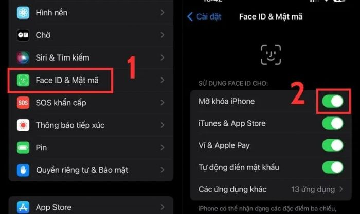 Truy cập lại mục Face ID & Mật mã và bật lại tính năng Mở khóa iPhone