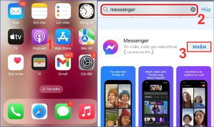 Gõ “Messenger” vào thanh tìm kiếm và chọn Nhận để tải lại ứng dụng về máy