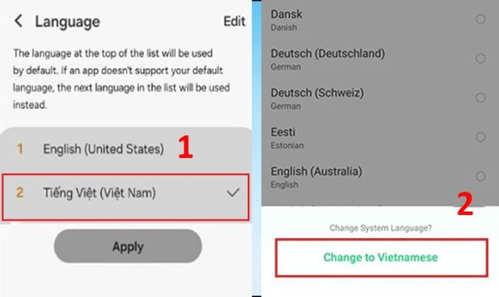 Chọn Tiếng Việt và nhấn vào Change to Vietnamese để thay đổi ngôn ngữ.