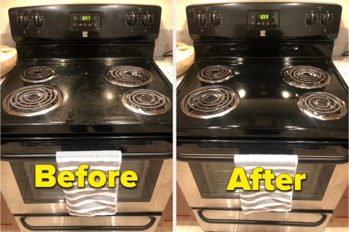 Before and after images of a stove that’s been thoroughly cleaned with the product, showing a dramatic transformation.
