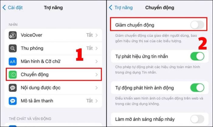 Tìm đến mục Chuyển động, chọn Giảm Chuyển động và gạt công tắc để vô hiệu hóa tính năng này