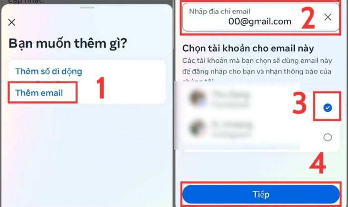 Khi Facebook yêu cầu bạn chọn gì, bạn nhấn vào Thêm email