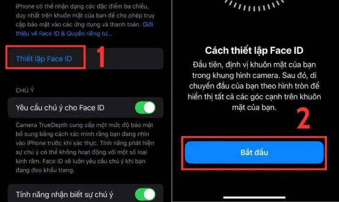 Chọn Thiết lập Face ID, và nhấn Bắt đầu để thiết lập lại gương mặt mới